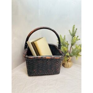 Vintage Bamboo Japanese Ikebana Black distressed Basket w/ Handle Herringbone